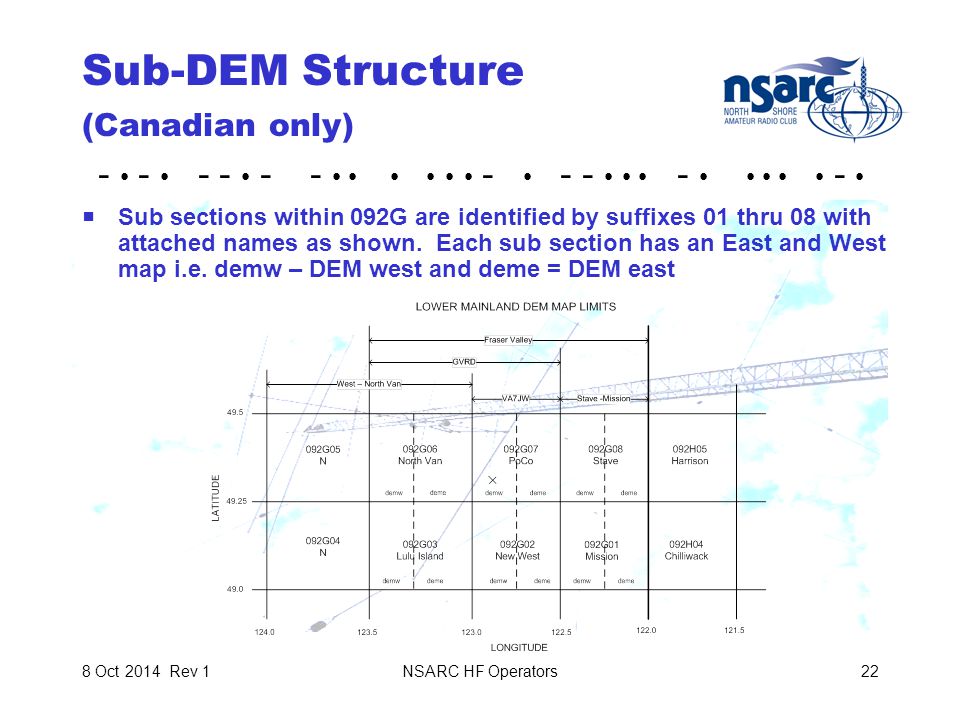 NSARC HF Operators228 Oct 2014 Rev 1 Sub-DEM Structure (Canadian only)  Sub sections within 092G are identified by suffixes 01 thru 08 with attached names as shown.