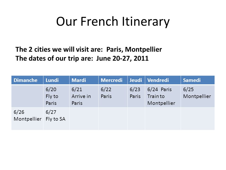 Our French Itinerary DimancheLundiMardiMercrediJeudiVendrediSamedi 6/20 Fly to Paris 6/21 Arrive in Paris 6/22 Paris 6/23 Paris 6/24 Paris Train to Montpellier 6/25 Montpellier 6/26 Montpellier 6/27 Fly to SA The 2 cities we will visit are: Paris, Montpellier The dates of our trip are: June 20-27, 2011