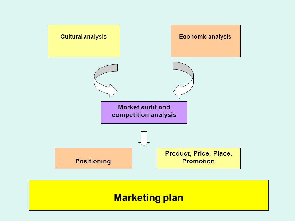 Cultural analysisEconomic analysis Market audit and competition analysis Positioning Product, Price, Place, Promotion Marketing plan