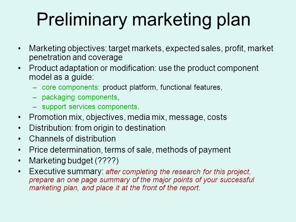 Marketing objectives: target markets, expected sales, profit, market penetration and coverage Product adaptation or modification: use the product component model as a guide: –core components: product platform, functional features, –packaging components, –support services components.