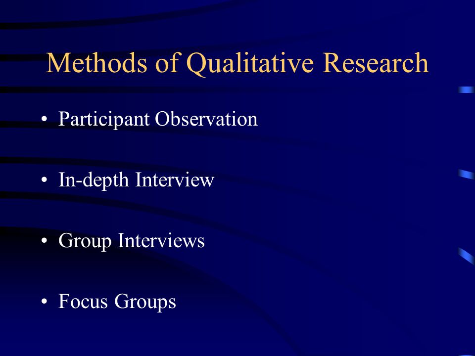 Methods of Qualitative Research Participant Observation In-depth Interview Group Interviews Focus Groups