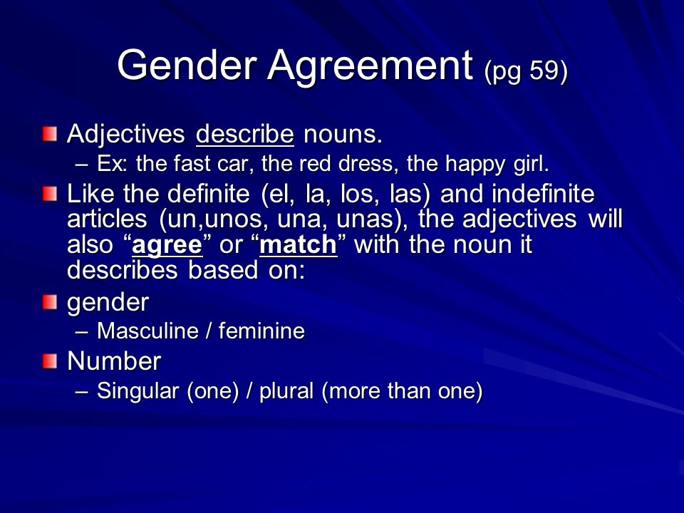 Gender Agreement (pg 59) Adjectives describe nouns.
