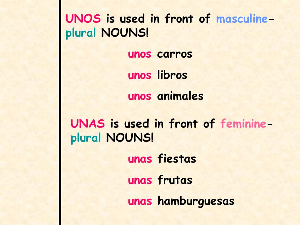 UNOS is used in front of masculine- plural NOUNS.