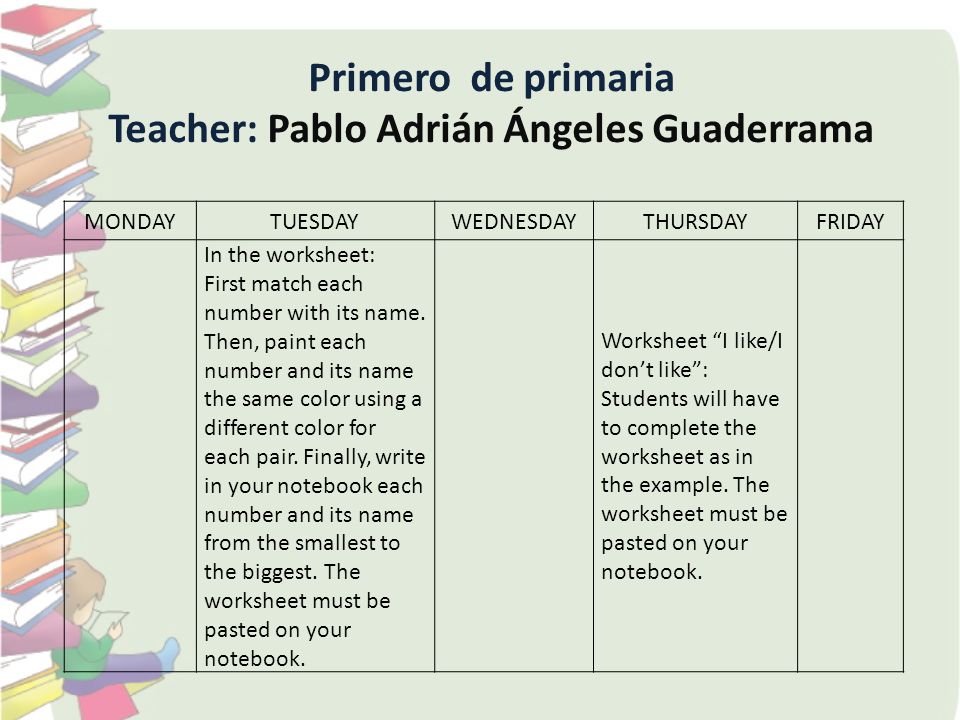 Primero de primaria Teacher: Pablo Adrián Ángeles Guaderrama MONDAYTUESDAY WEDNESDAY THURSDAYFRIDAY In the worksheet: First match each number with its name.