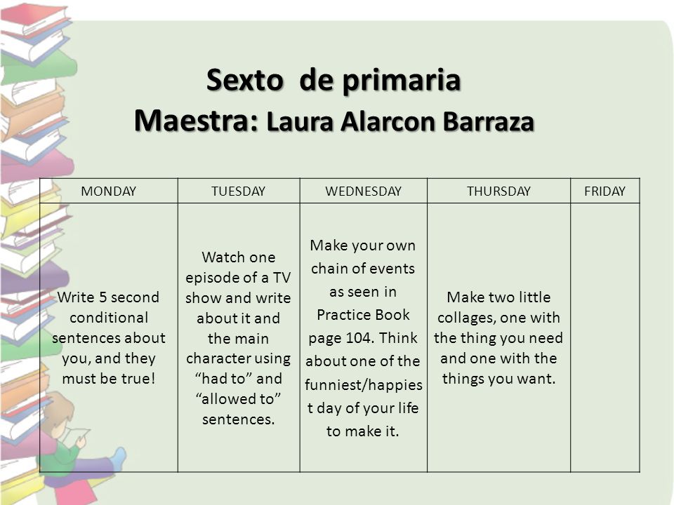Sexto de primaria Maestra: Laura Alarcon Barraza MONDAYTUESDAY WEDNESDAY THURSDAYFRIDAY Write 5 second conditional sentences about you, and they must be true.