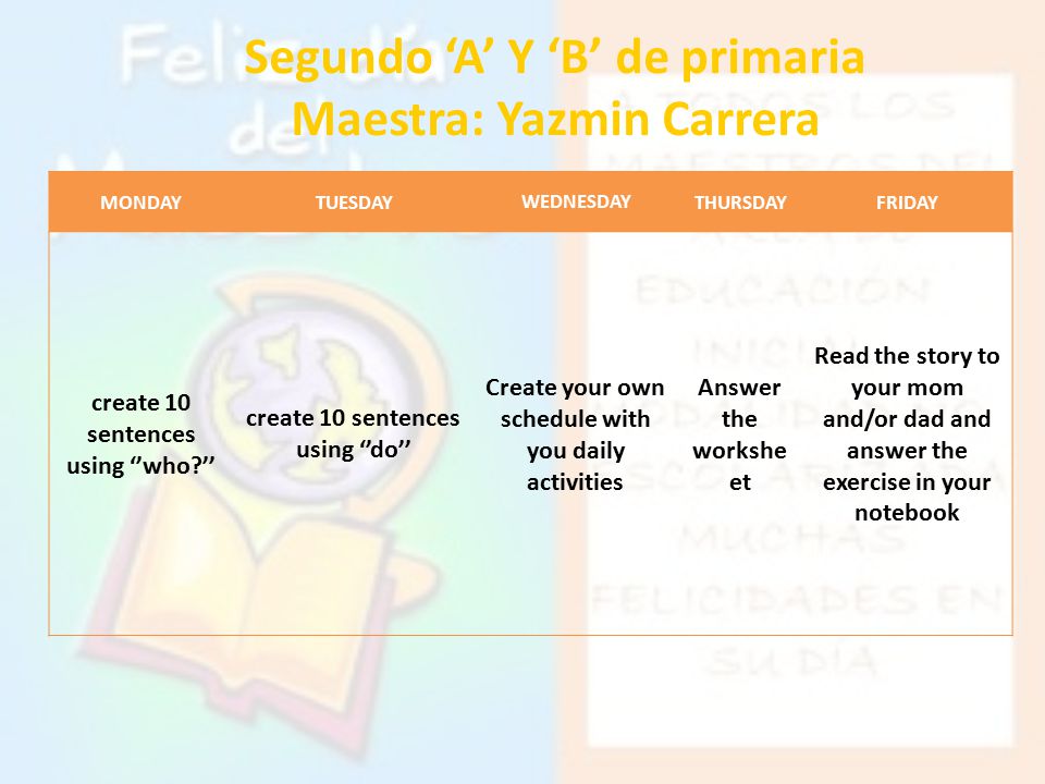 Segundo ‘A’ Y ‘B’ de primaria Maestra: Yazmin Carrera MONDAYTUESDAY WEDNESDAY THURSDAYFRIDAY create 10 sentences using ‘’who ’’ create 10 sentences using ‘’do’’ Create your own schedule with you daily activities Answer the workshe et Read the story to your mom and/or dad and answer the exercise in your notebook