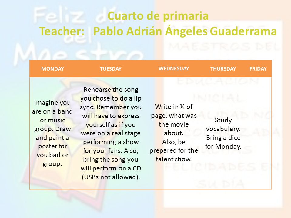Cuarto de primaria Teacher: Pablo Adrián Ángeles Guaderrama MONDAYTUESDAY WEDNESDAY THURSDAYFRIDAY Imagine you are on a band or music group.