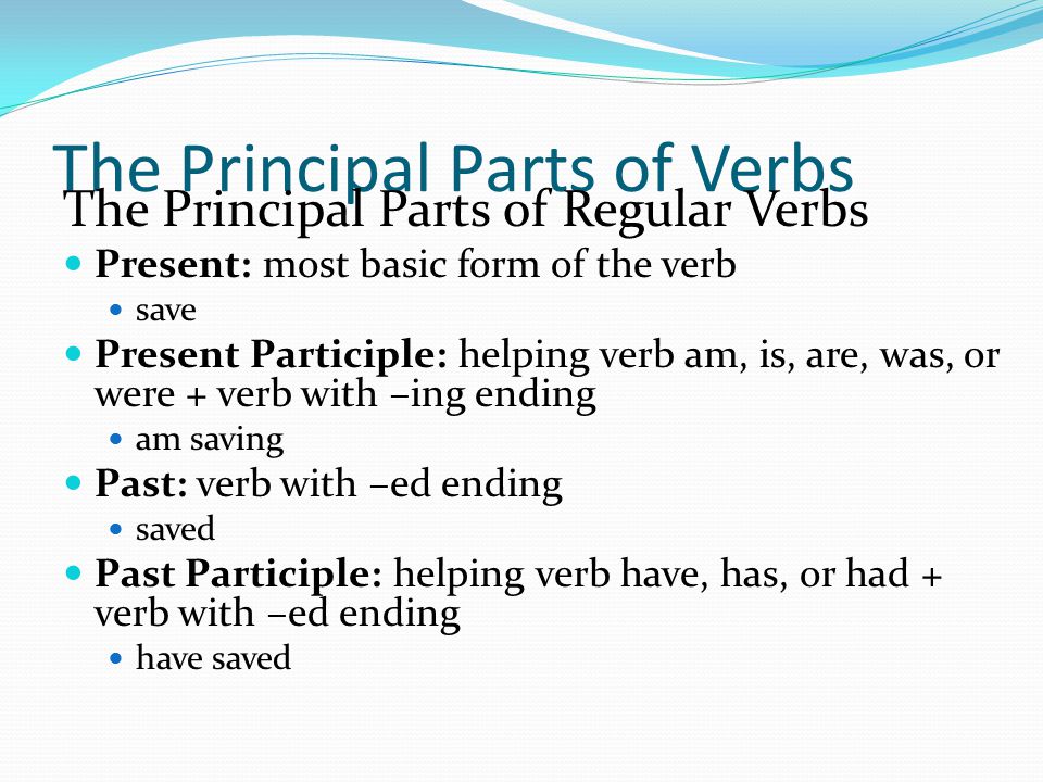 The Principal Parts of Verbs The Principal Parts of Regular Verbs Present: most basic form of the verb save Present Participle: helping verb am, is, are, was, or were + verb with –ing ending am saving Past: verb with –ed ending saved Past Participle: helping verb have, has, or had + verb with –ed ending have saved