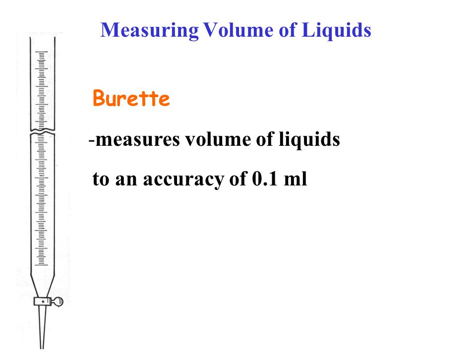 Measuring Volume of Liquids -measures volume of liquids Burette to an accuracy of 0.1 ml