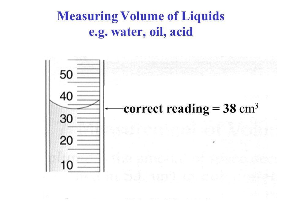 Measuring Volume of Liquids e.g. water, oil, acid correct reading = 38 cm 3