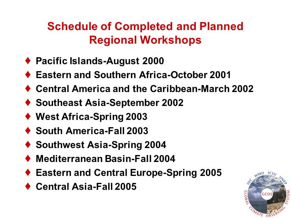 Schedule of Completed and Planned Regional Workshops ♦ Pacific Islands-August 2000 ♦ Eastern and Southern Africa-October 2001 ♦ Central America and the Caribbean-March 2002 ♦ Southeast Asia-September 2002 ♦ West Africa-Spring 2003 ♦ South America-Fall 2003 ♦ Southwest Asia-Spring 2004 ♦ Mediterranean Basin-Fall 2004 ♦ Eastern and Central Europe-Spring 2005 ♦ Central Asia-Fall 2005