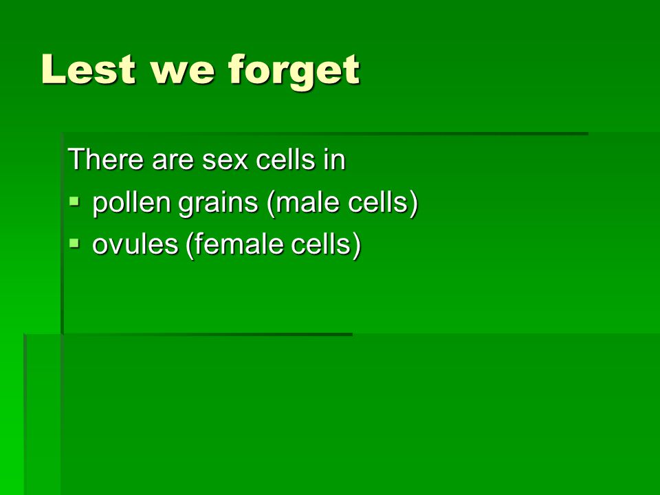 Lest we forget There are sex cells in  pollen grains (male cells)  ovules (female cells)