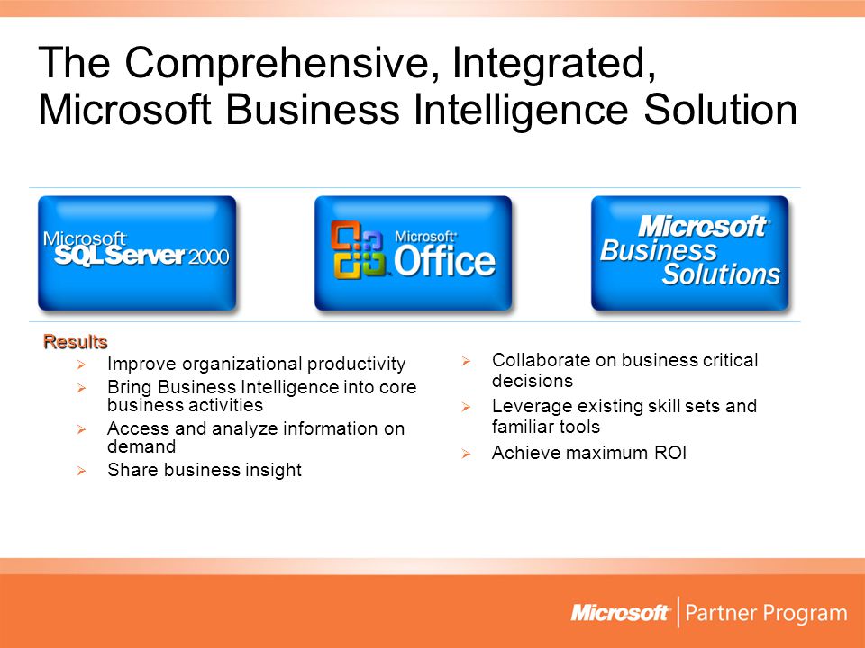 The Comprehensive, Integrated, Microsoft Business Intelligence Solution Results  Improve organizational productivity  Bring Business Intelligence into core business activities  Access and analyze information on demand  Share business insight  Collaborate on business critical decisions  Leverage existing skill sets and familiar tools  Achieve maximum ROI