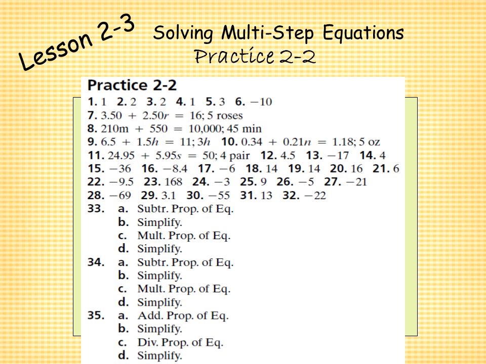 Practice Solving Multi Step Equations Talkchannels Chapter Algebra I 1 One Practice A Lesson 2 3 Solving Two Step And Multistep Equations