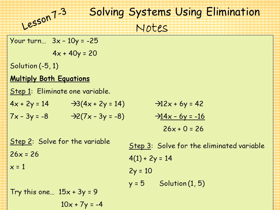 Lesson 7 Homework Practice Solving Inequalities Using 14x 6y 16 26x 0 26 Step 3 Solve For The Eliminated Variable 4 1 2y 14 10 Y 5 Solution