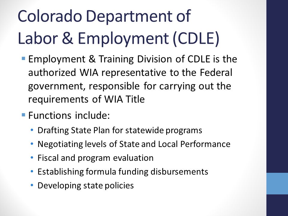 Colorado Department of Labor & Employment (CDLE)  Employment & Training Division of CDLE is the authorized WIA representative to the Federal government, responsible for carrying out the requirements of WIA Title  Functions include: Drafting State Plan for statewide programs Negotiating levels of State and Local Performance Fiscal and program evaluation Establishing formula funding disbursements Developing state policies