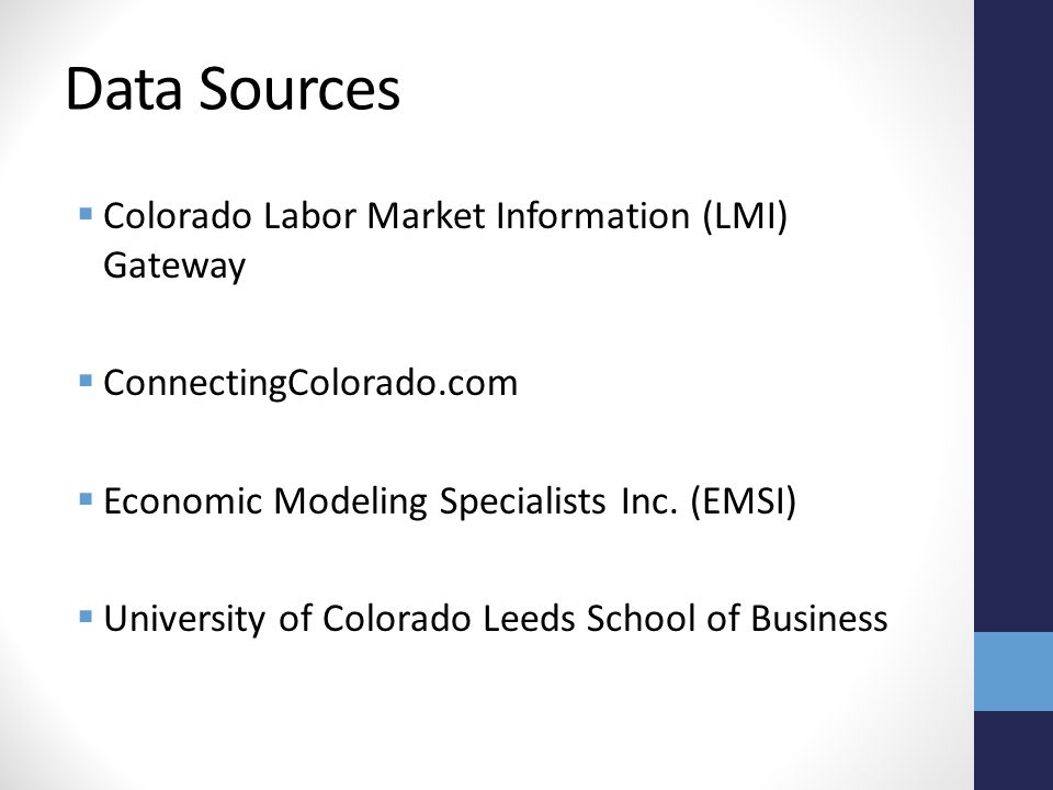 Data Sources  Colorado Labor Market Information (LMI) Gateway  ConnectingColorado.com  Economic Modeling Specialists Inc.