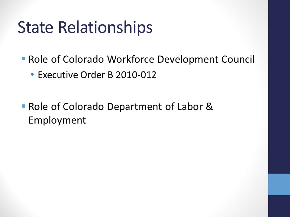 State Relationships  Role of Colorado Workforce Development Council Executive Order B  Role of Colorado Department of Labor & Employment