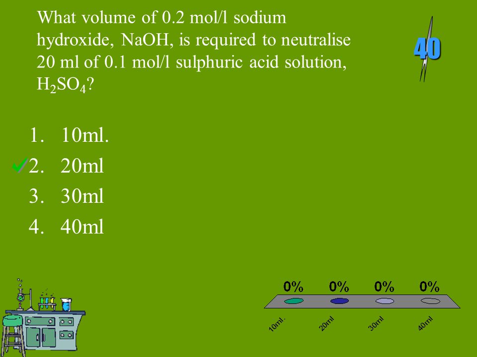 What volume of 0.2 mol/l sodium hydroxide, NaOH, is required to neutralise 20 ml of 0.1 mol/l sulphuric acid solution, H 2 SO 4 .