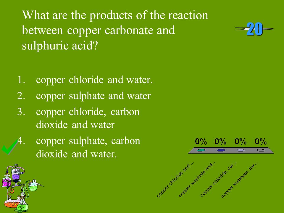 What are the products of the reaction between copper carbonate and sulphuric acid 20 1.copper chloride and water.