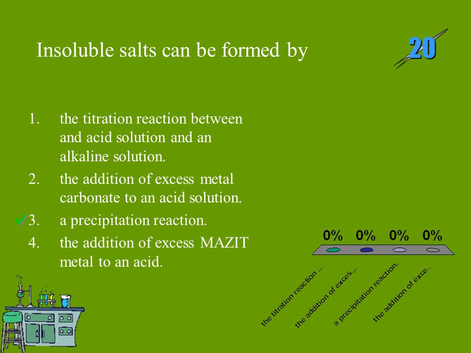 Insoluble salts can be formed by 20 1.the titration reaction between and acid solution and an alkaline solution.
