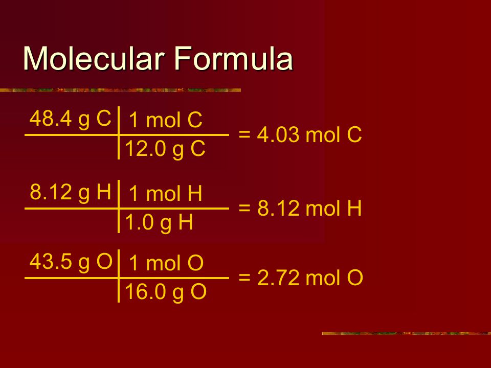 Molecular Formula 48.4 g C 1 mol C 12.0 g C = 4.03 mol C 8.12 g H 1 mol H 1.0 g H = 8.12 mol H 43.5 g O 1 mol O 16.0 g O = 2.72 mol O