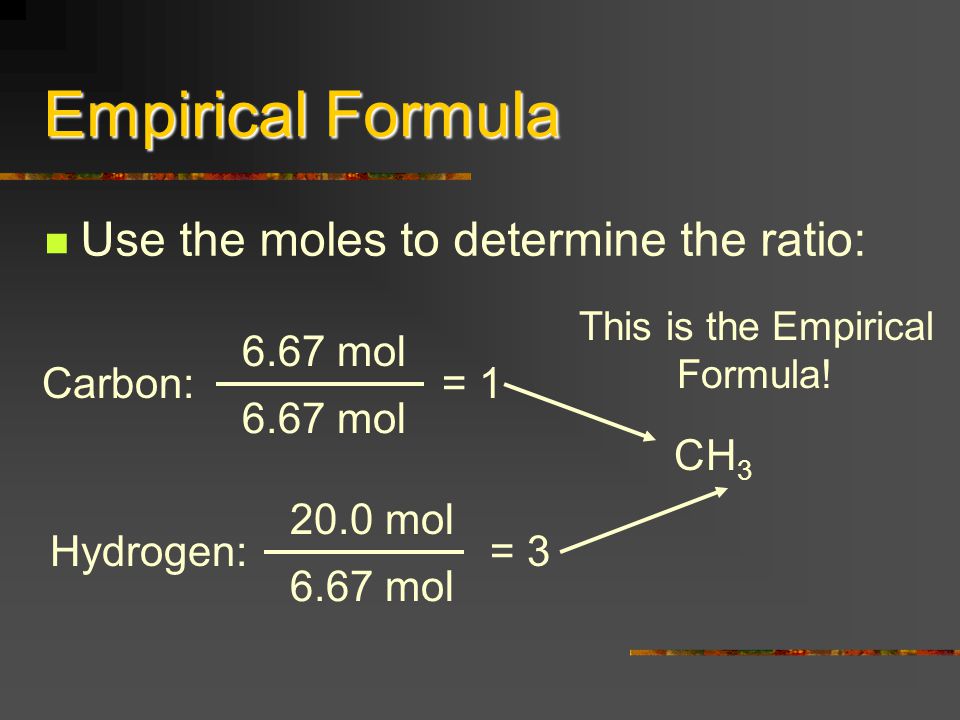 Empirical Formula Use the moles to determine the ratio: Carbon: 6.67 mol = 1 Hydrogen: 20.0 mol 6.67 mol = 3 CH3H3 This is the Empirical Formula!