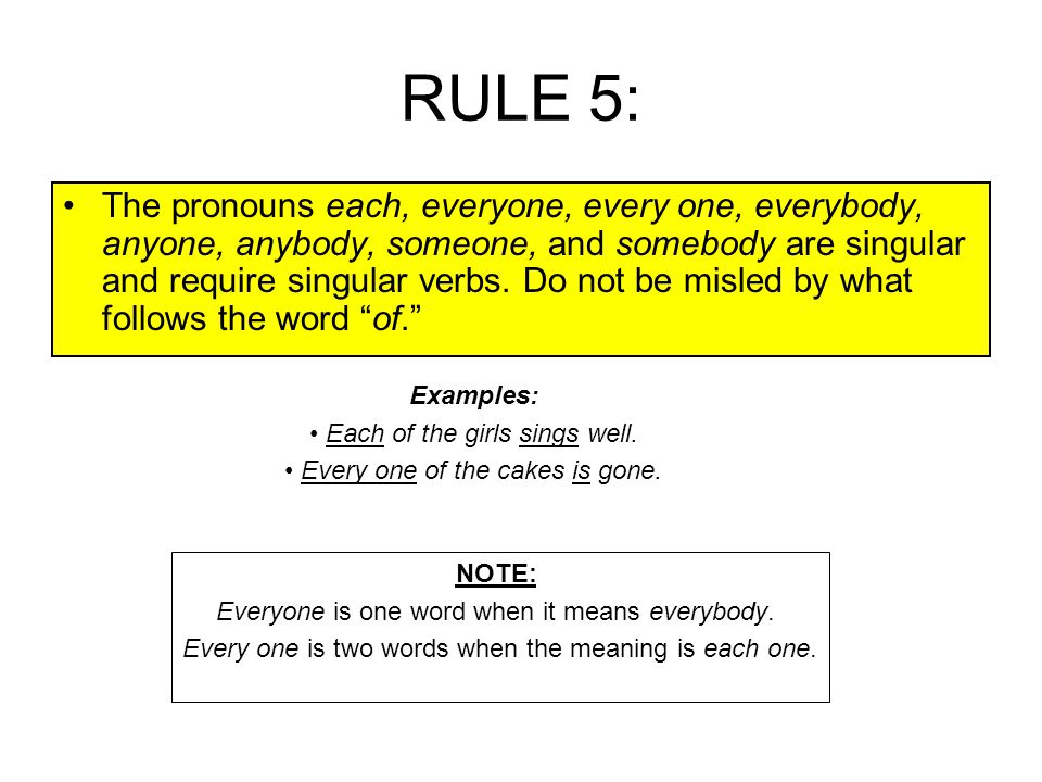 RULE 5: The pronouns each, everyone, every one, everybody, anyone, anybody, someone, and somebody are singular and require singular verbs.