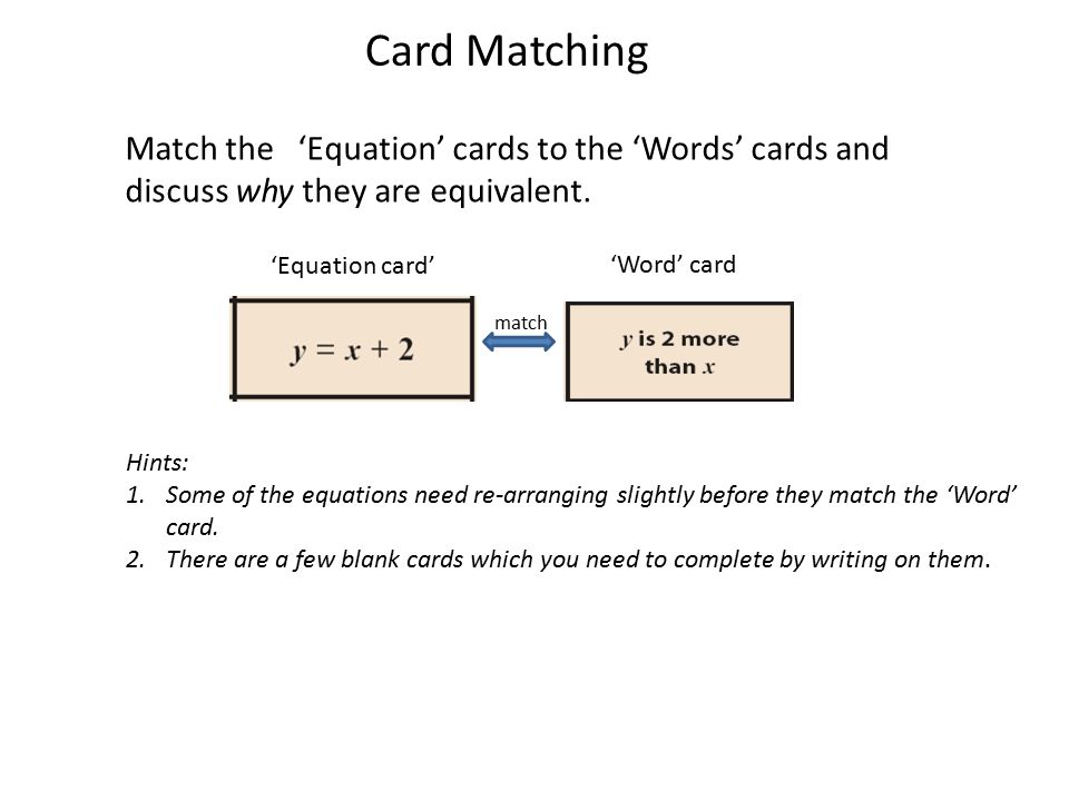 Card Matching Match the ‘Equation’ cards to the ‘Words’ cards and discuss why they are equivalent.