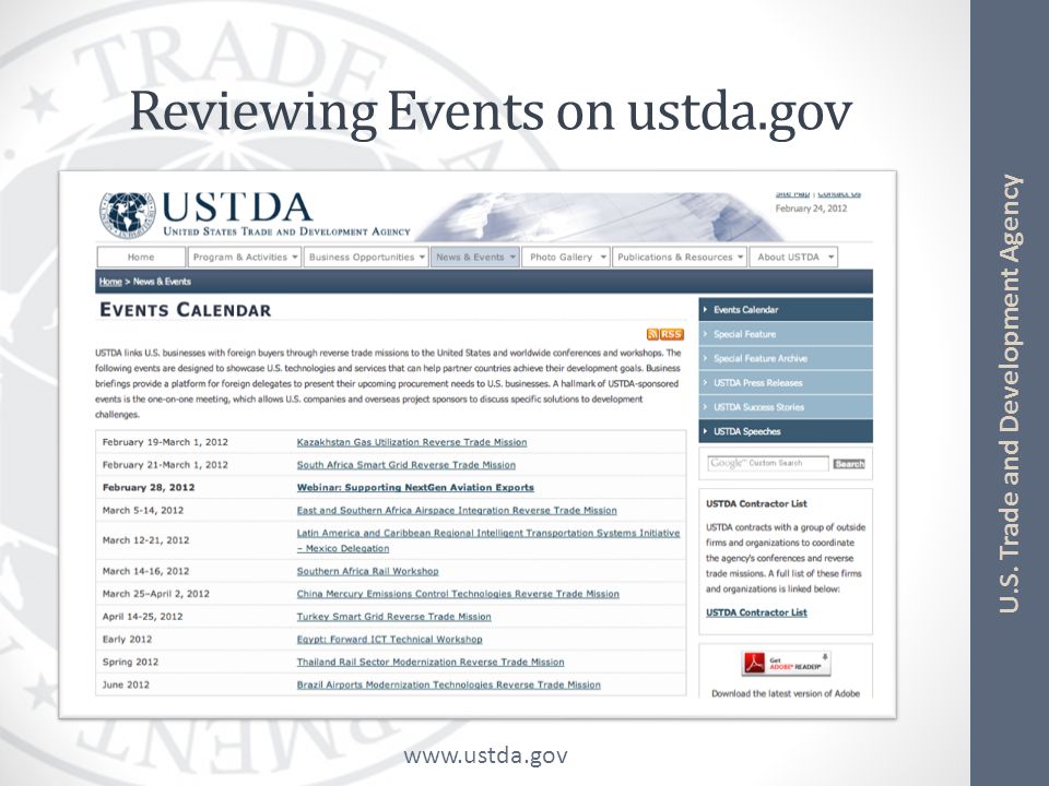 U.S. Trade and Development Agency Reviewing Events on ustda.gov