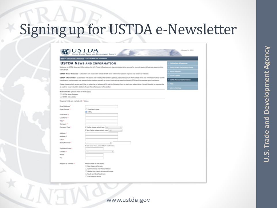 U.S. Trade and Development Agency Signing up for USTDA e-Newsletter