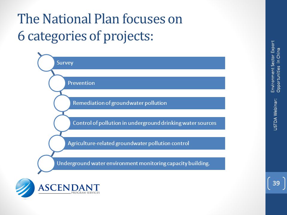 The National Plan focuses on 6 categories of projects: 39 Survey Prevention Remediation of groundwater pollution Control of pollution in underground drinking water sources Agriculture-related groundwater pollution control Underground water environment monitoring capacity building.