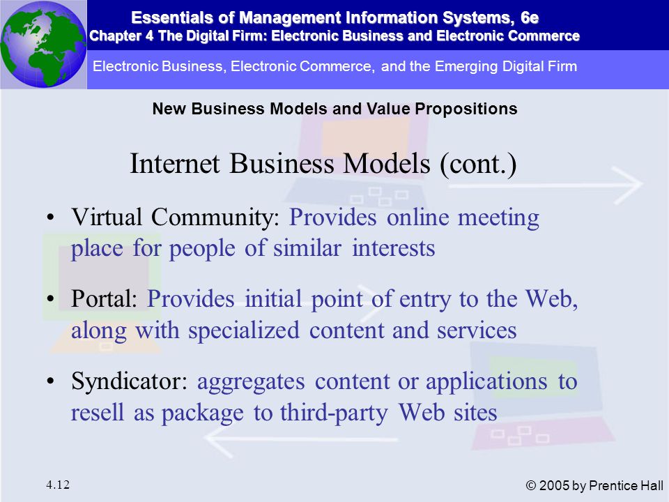 Essentials of Management Information Systems, 6e Chapter 4 The Digital Firm: Electronic Business and Electronic Commerce 4.12 © 2005 by Prentice Hall Internet Business Models (cont.) Virtual Community: Provides online meeting place for people of similar interests Portal: Provides initial point of entry to the Web, along with specialized content and services Syndicator: aggregates content or applications to resell as package to third-party Web sites Electronic Business, Electronic Commerce, and the Emerging Digital Firm New Business Models and Value Propositions