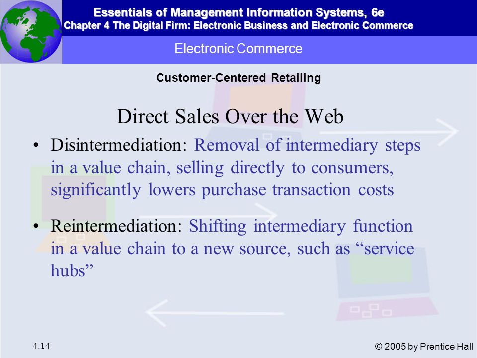 Essentials of Management Information Systems, 6e Chapter 4 The Digital Firm: Electronic Business and Electronic Commerce 4.14 © 2005 by Prentice Hall Direct Sales Over the Web Disintermediation: Removal of intermediary steps in a value chain, selling directly to consumers, significantly lowers purchase transaction costs Reintermediation: Shifting intermediary function in a value chain to a new source, such as service hubs Electronic Commerce Customer-Centered Retailing