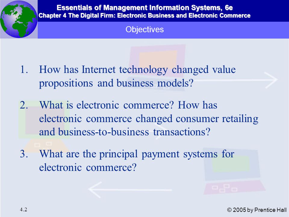 Essentials of Management Information Systems, 6e Chapter 4 The Digital Firm: Electronic Business and Electronic Commerce 4.2 © 2005 by Prentice Hall Objectives 1.How has Internet technology changed value propositions and business models.