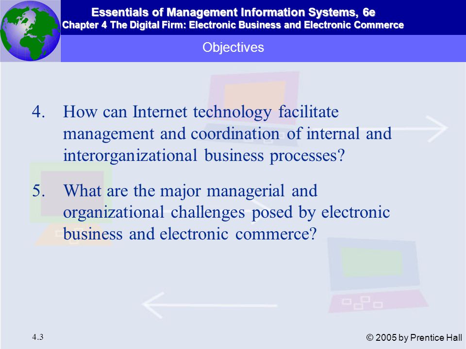 Essentials of Management Information Systems, 6e Chapter 4 The Digital Firm: Electronic Business and Electronic Commerce 4.3 © 2005 by Prentice Hall Objectives 4.How can Internet technology facilitate management and coordination of internal and interorganizational business processes.
