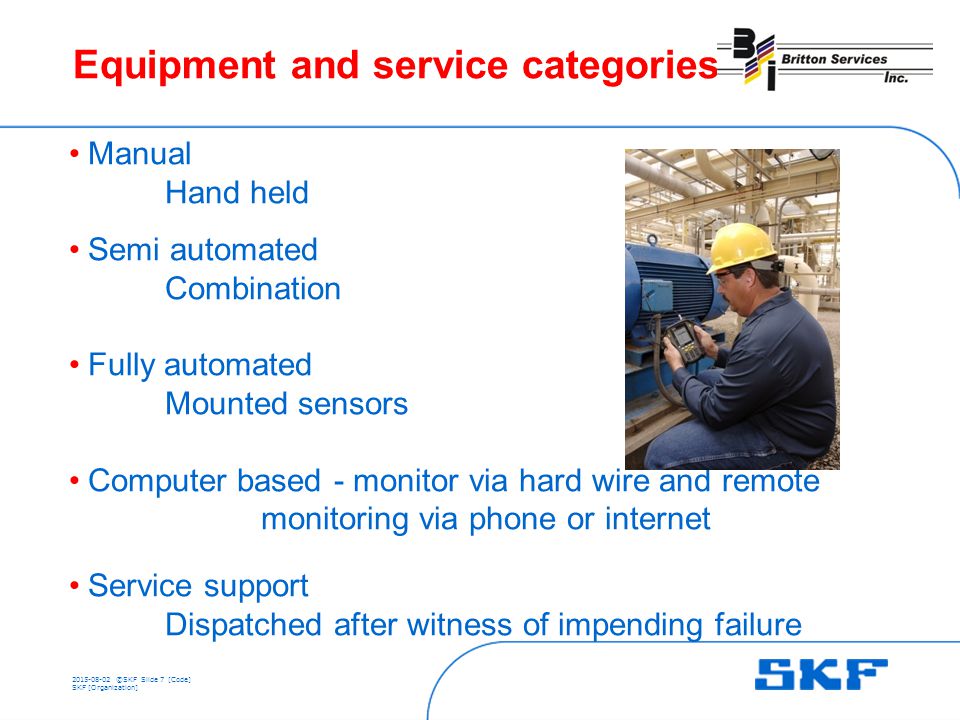 ©SKFSlide 7 [Code] SKF [Organization] Equipment and service categories Manual Hand held Semi automated Combination Fully automated Mounted sensors Computer based - monitor via hard wire and remote monitoring via phone or internet Service support Dispatched after witness of impending failure