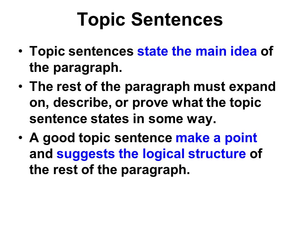 Topic Sentences Topic sentences state the main idea of the paragraph.