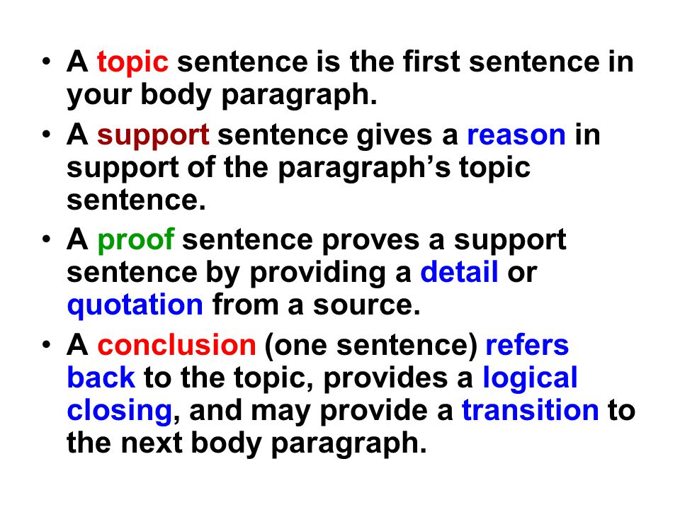 A topic sentence is the first sentence in your body paragraph.