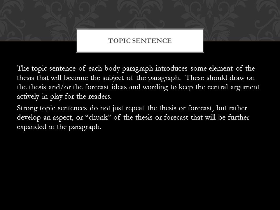 The topic sentence of each body paragraph introduces some element of the thesis that will become the subject of the paragraph.