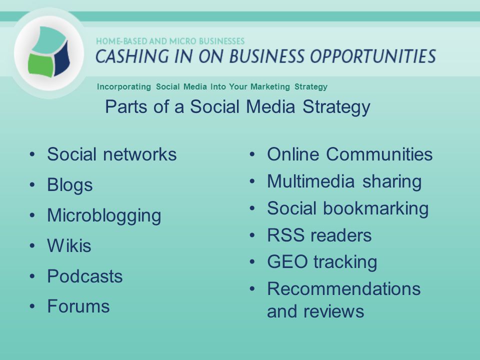 Incorporating Social Media Into Your Marketing Strategy Social networks Blogs Microblogging Wikis Podcasts Forums Online Communities Multimedia sharing Social bookmarking RSS readers GEO tracking Recommendations and reviews Parts of a Social Media Strategy