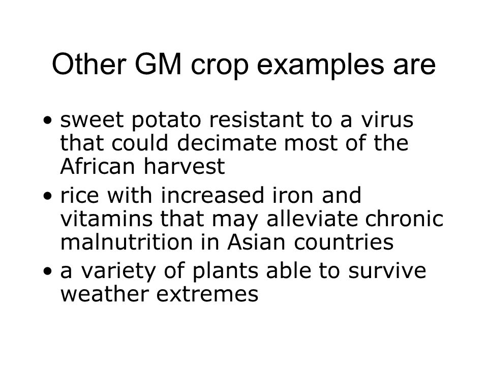 Other GM crop examples are sweet potato resistant to a virus that could decimate most of the African harvest rice with increased iron and vitamins that may alleviate chronic malnutrition in Asian countries a variety of plants able to survive weather extremes