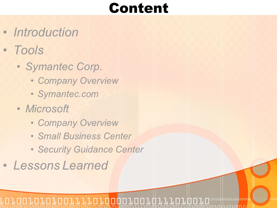 Content Introduction Tools Symantec Corp.