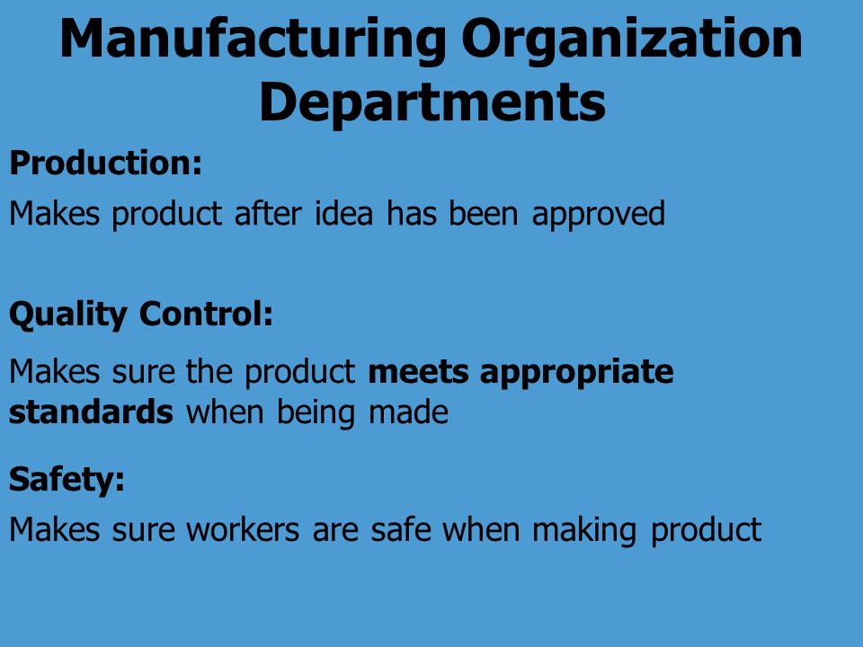 Production: Makes product after idea has been approved Quality Control: Makes sure the product meets appropriate standards when being made Makes sure workers are safe when making product Safety: Manufacturing Organization Departments