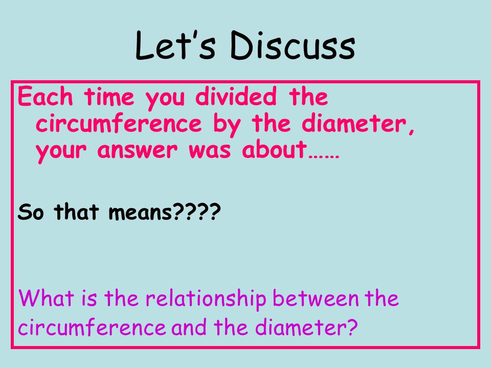 Let’s Discuss Each time you divided the circumference by the diameter, your answer was about…… So that means .