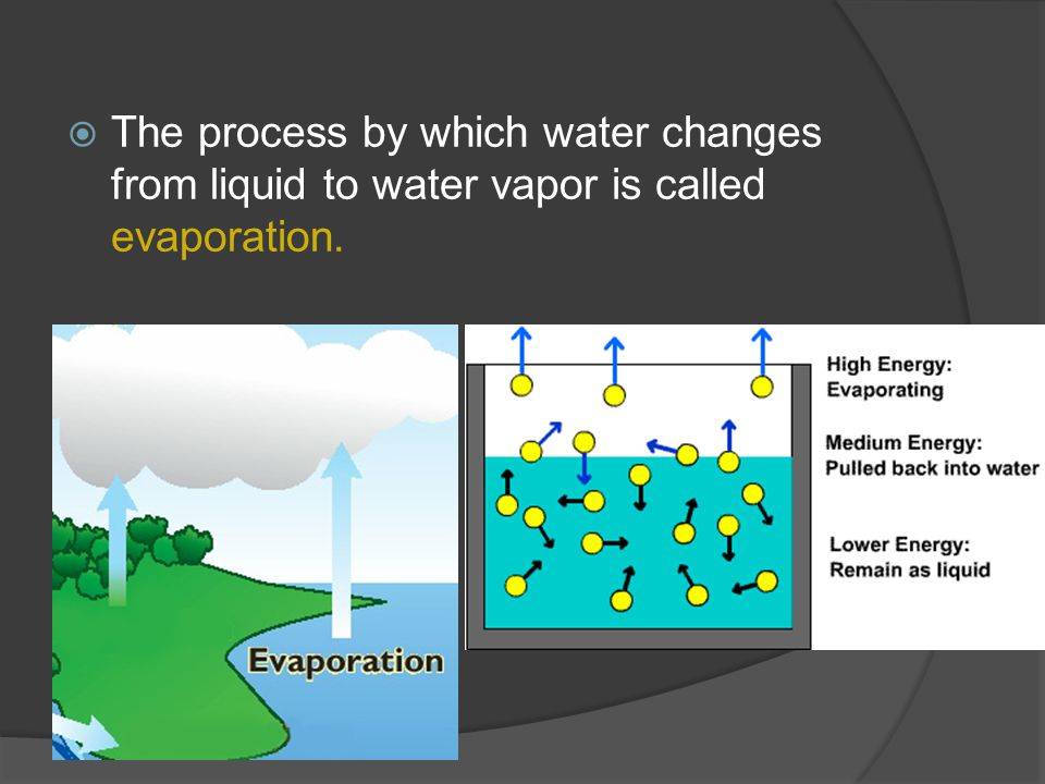  The process by which water changes from liquid to water vapor is called evaporation.