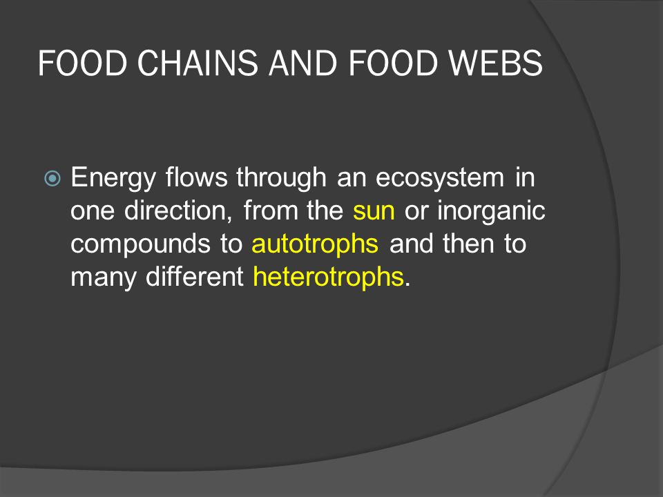 FOOD CHAINS AND FOOD WEBS  Energy flows through an ecosystem in one direction, from the sun or inorganic compounds to autotrophs and then to many different heterotrophs.