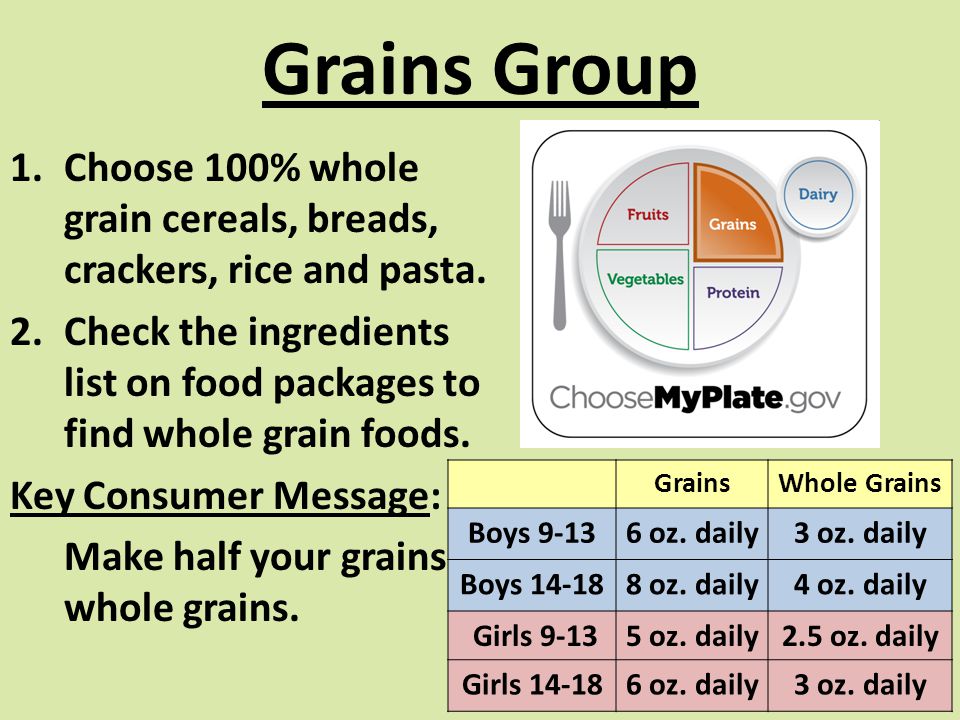 Grains Group 1.Choose 100% whole grain cereals, breads, crackers, rice and pasta.