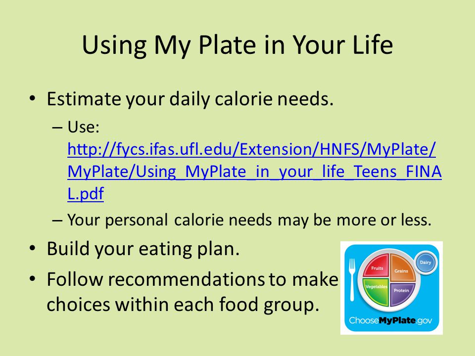 Using My Plate in Your Life Estimate your daily calorie needs.