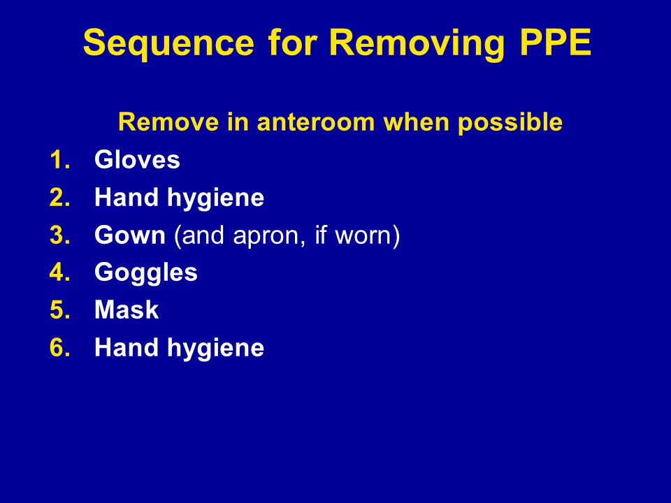 Sequence for Removing PPE Remove in anteroom when possible 1.Gloves 2.Hand hygiene 3.Gown (and apron, if worn) 4.Goggles 5.Mask 6.Hand hygiene